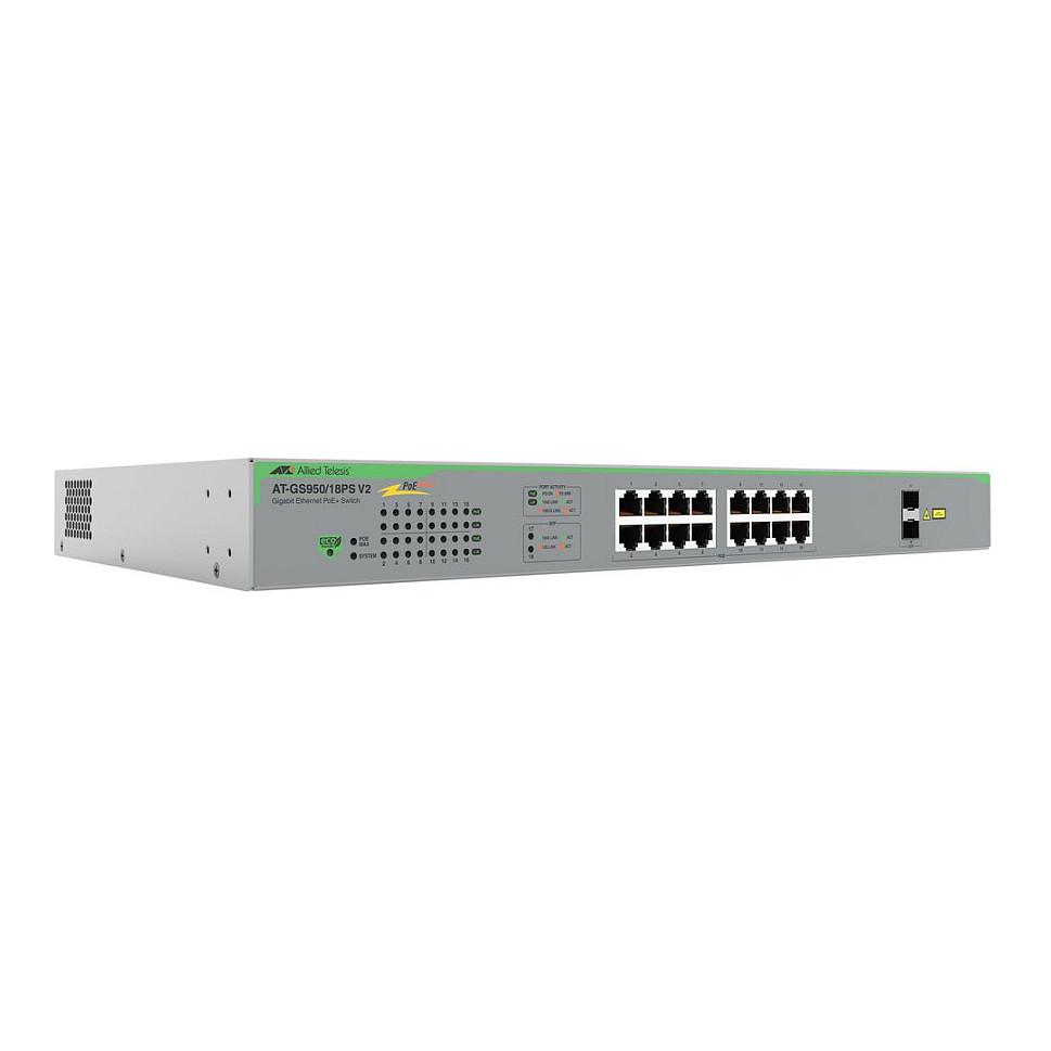 Switch Allied Telesis AT-GS950/18PS-V2-50, 16x Gigabit Ethernet RJ45 PoE+, 2x Gigabit SFP, PoE 185W, 36Gbps, Smart Managed, Rack 1U - Hiri