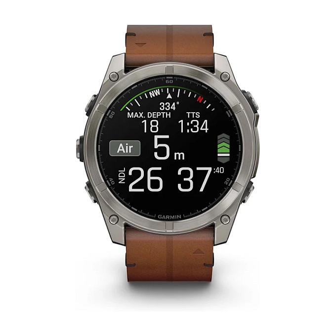 Orë e Mençur Garmin fēnix 8, 51mm, AMOLED, Sapphire, GPS, Titan, Rrip Lëkure - Hiri/Kafe - 7