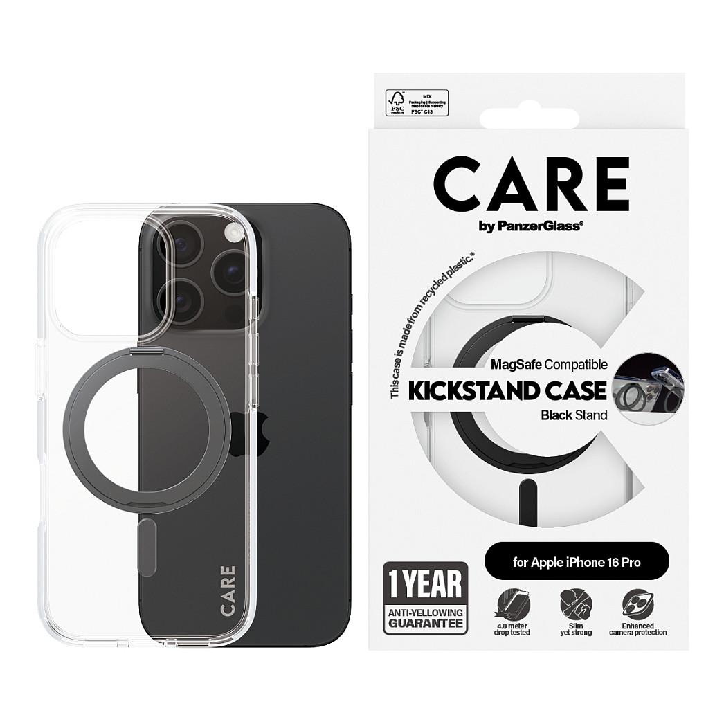Case për Telefon CARE by PanzerGlass Feature, iPhone 16 Pro, Kickstand 360°, MagSafe – Transparent me Mbajtëse të Zezë - 2
