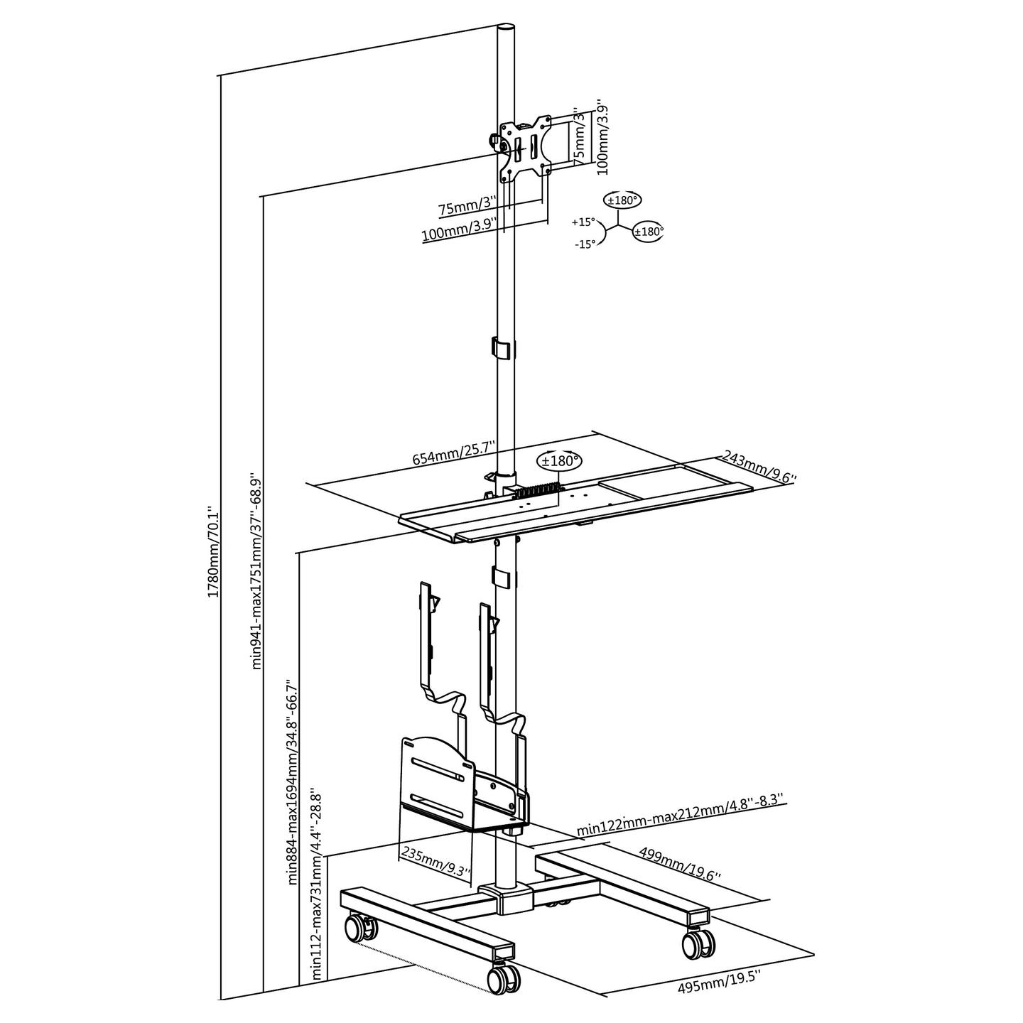 Mbajtëse për Monitor Equip 650171 , 17–32" , deri 8kg , me rrota , lartësi e rregullueshme , VESA 75x75 & 100x100 - Zezë - 11