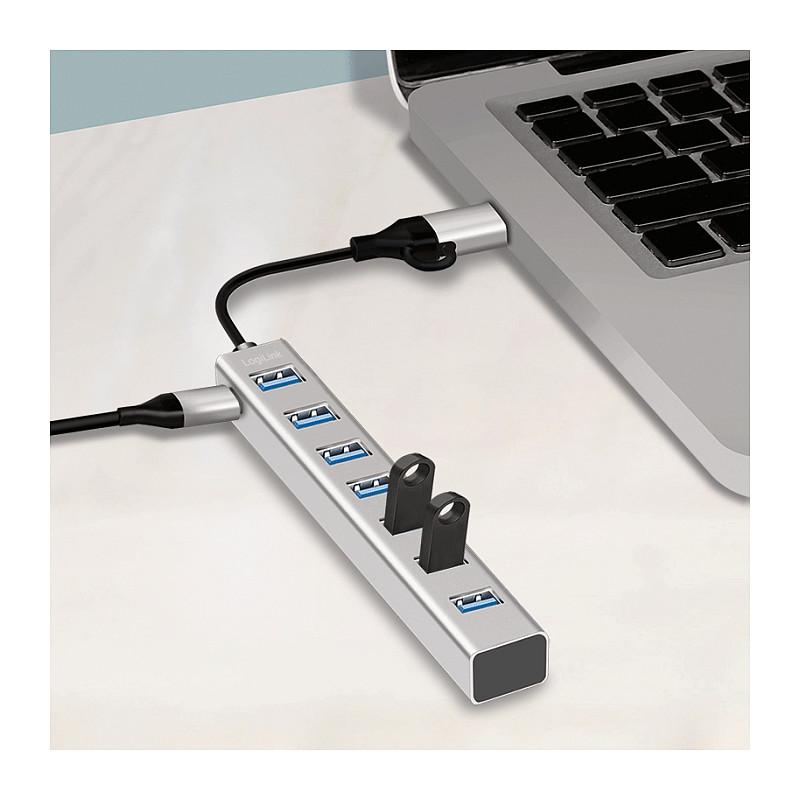 Hub USB-A LogiLink UA0441, 7x USB-A, USB 3.0, 5Gbps, kabllo 2-në-1, alumin - Argjend - 7