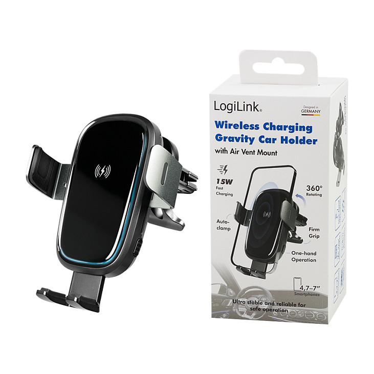 Adapter telefoni për veturë LogiLink PA0277 / Wireless Charging / Gravity Trigger / 360° / 15W – Zezë - 10