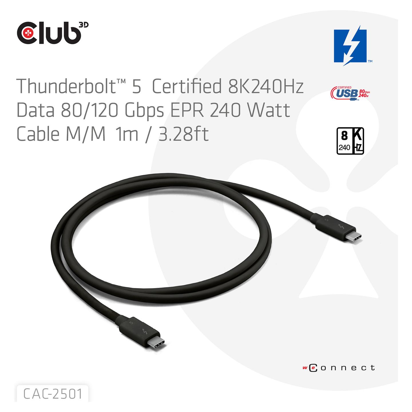 Kabllo USB CLUB3D CAC-2501, Thunderbolt 5, USB-C në USB-C, 80/120 Gbit/s, 240W, 1m - Zezë - 3