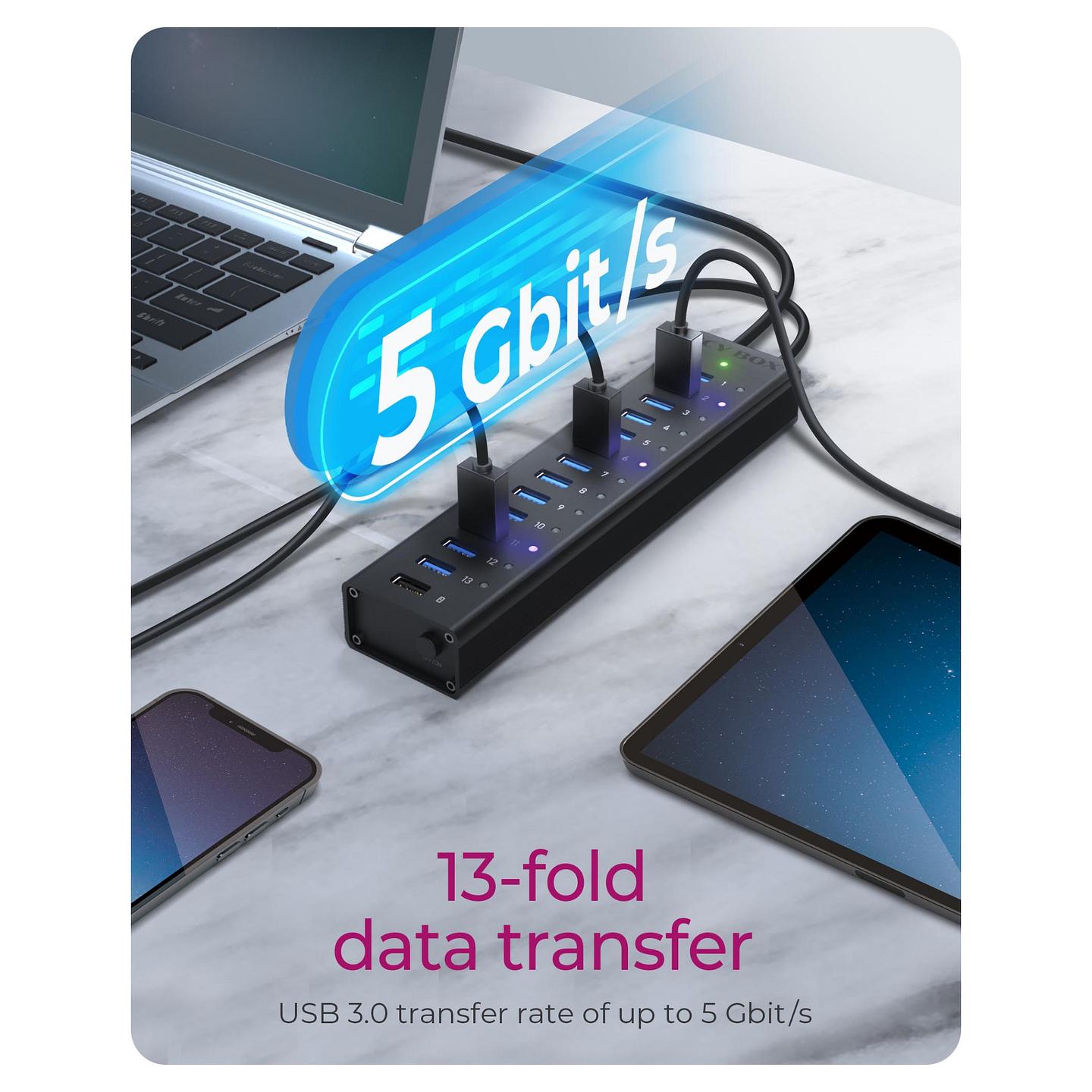 Splitter USB ICY BOX IB-AC6113 / 14x USB-A / USB 3.2 Gen 1 / USB-B / 5 Gbit/s / 12V/5A - Zezë - 3