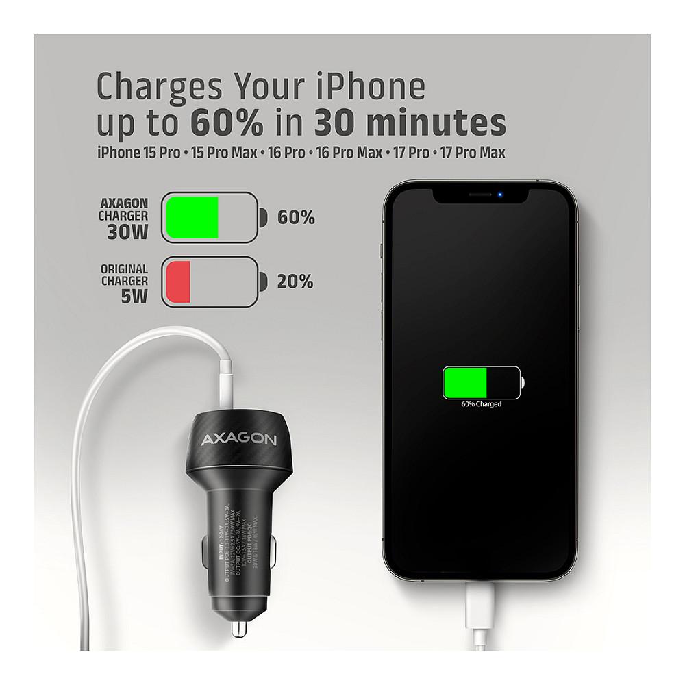 Adapter Telefoni për Veturë AXAGON PWC-PQ48 / 48W / USB-C 30W + USB-A 18W / Power Delivery 3.0 + Quick Charge 3.0 - Zezë - 6