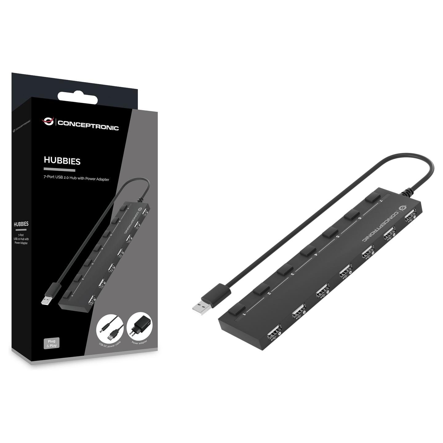 Hub USB Conceptronic HUBBIES08BP, 7x USB 2.0, 480Mbps, furnizim i jashtëm, çelësa individualë - Zezë - 2