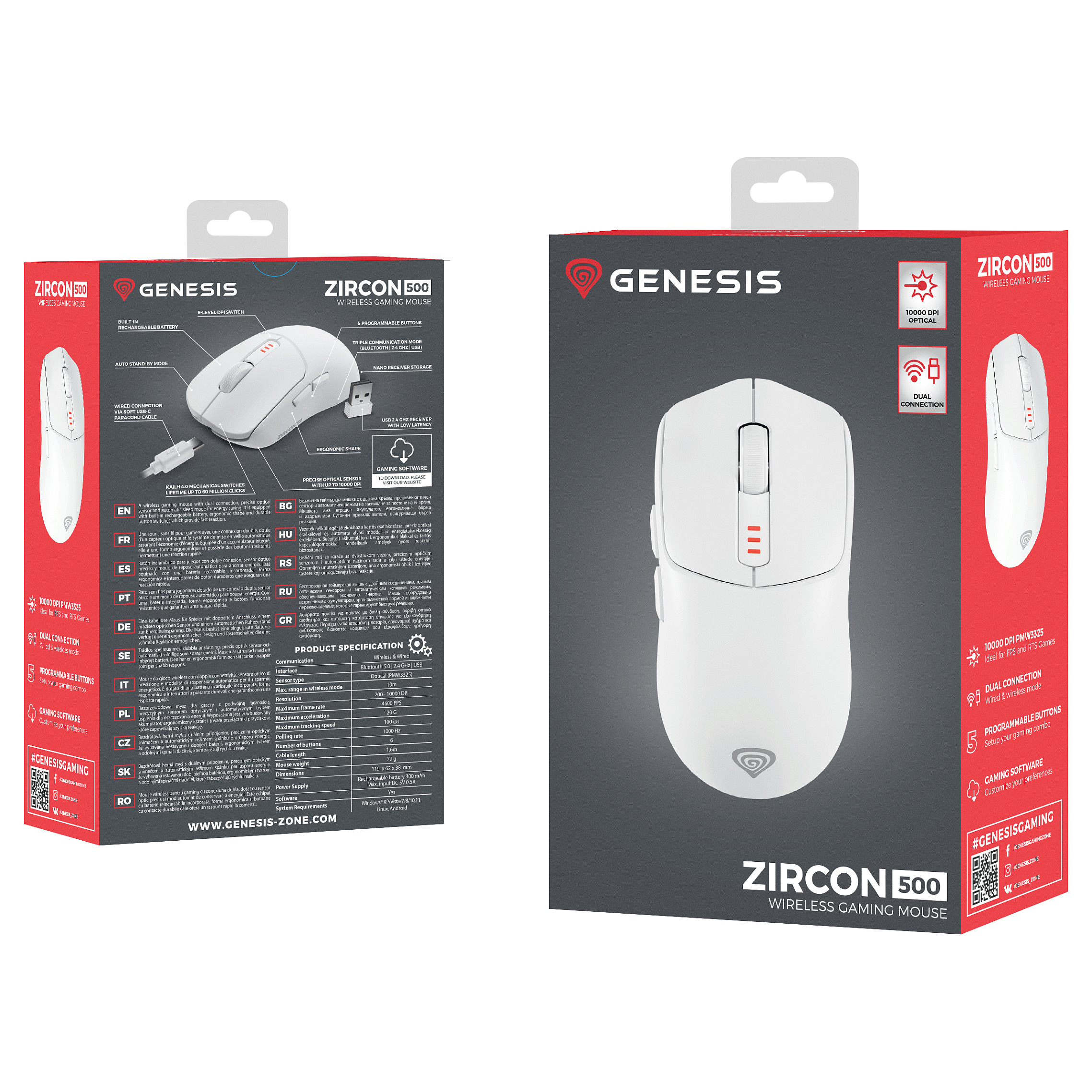 Maus Gaming Genesis Zircon 500 / Wireless / PMW3325 / 10.000 DPI / 2.4 GHz + Bluetooth - Bardhë - 15