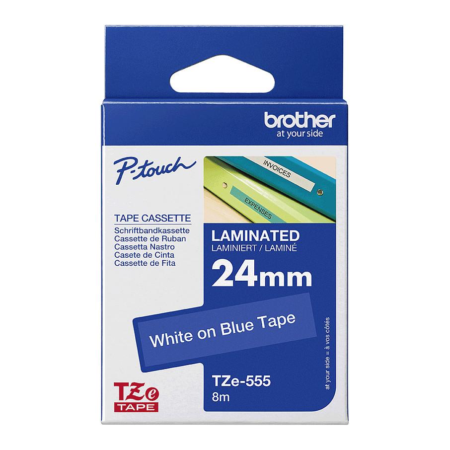 Shirit Etiketash Brother TZe-555, 24 mm × 8 m, I Laminuar - Blu me Shkrim të Bardhë - 3