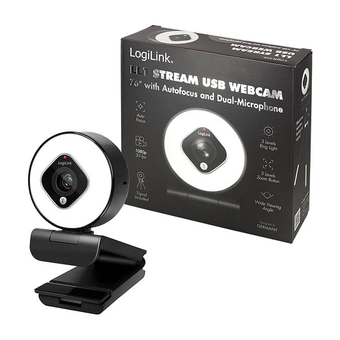 Webcam LogiLink UA0384 / Full HD 1080p / 76° / Autofokus / 5× Zoom Digjital / 2 Mikrofona / Ringlicht / Stativ - Zezë - 10