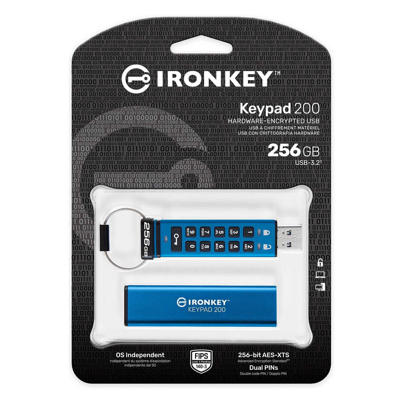 USB Flash Drive Kingston IronKey Keypad 200 / IKKP200/256GB / 256GB / USB 3.2 Gen 1 / 145MB/s / 115MB/s / AES-256 / FIPS 140-3 Level 3 - Blu - 3