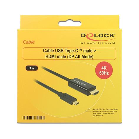 Kabllo HDMI DeLOCK 85292 / USB-C në HDMI / 3m / 4K @ 60Hz / DP Alt Mode / HDMI 2.0 - Zezë - 3