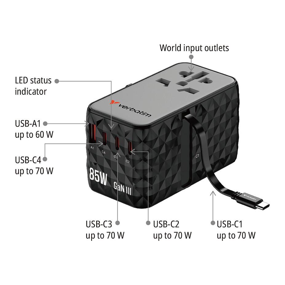 Adapter Verbatim Charge 'n' Travel Diamond CNT-02, 85W, GaN III, 3x USB-C, 1x USB-A, Power Delivery, Kabllo USB-C Retractable - Zezë - 12