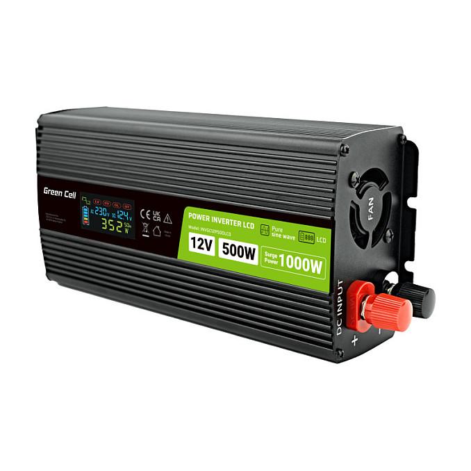 Inverter Green Cell PowerInverter LCD, 12 V, 500 W, Sinus i pastër, me ekran LCD - Zezë