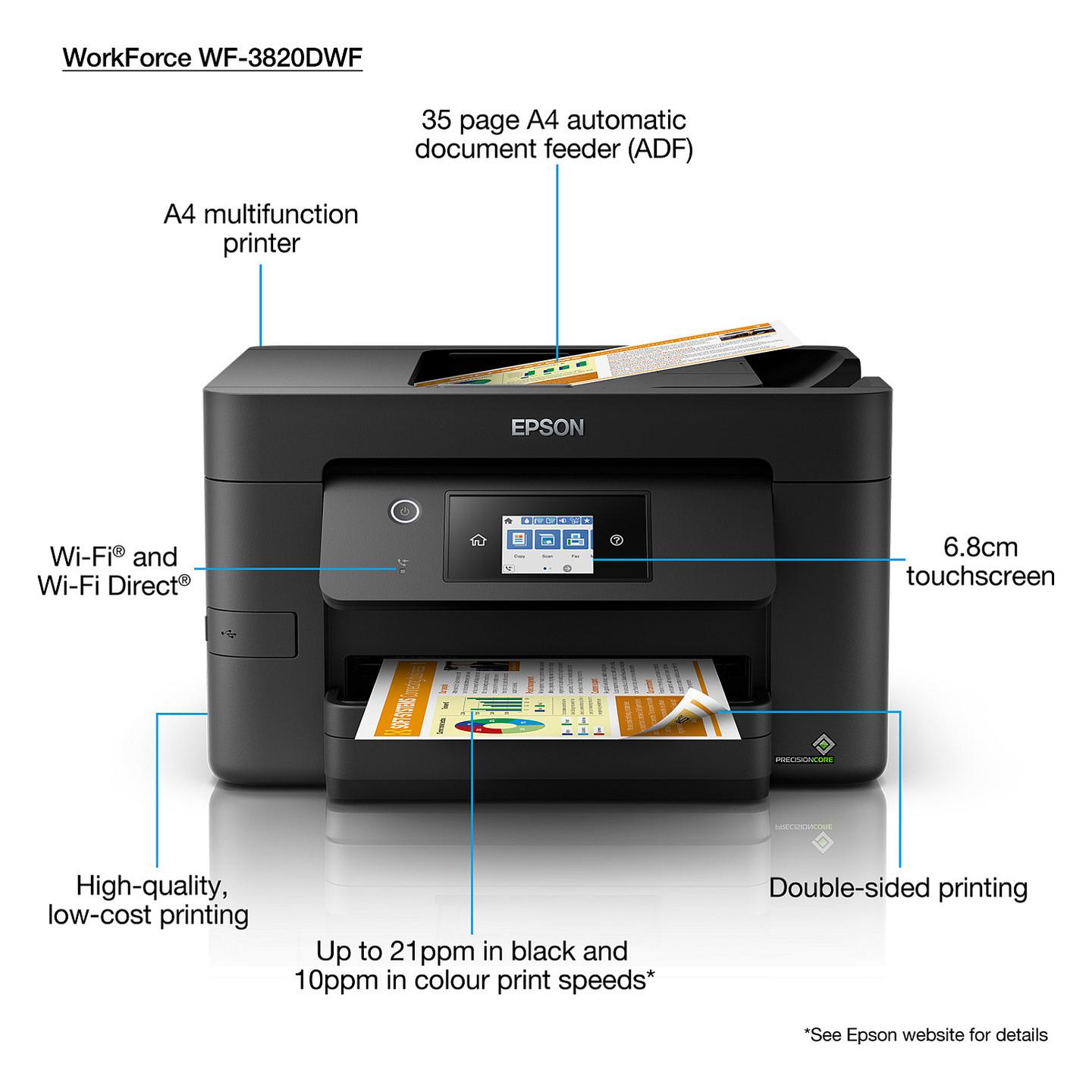 Printer Multifunksional Epson WorkForce Pro WF-3820DWF, A4, 4 në 1, Inkjet, Duplex, Wi-Fi, Ethernet, USB - Zezë - 3