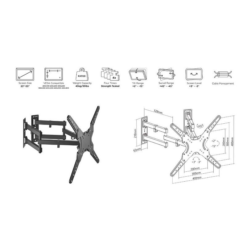 Mbajtëse Muri për TV Equip 650328 / 23"-55" / 45kg / Full Motion / Corner / Tilt -15° deri +2° / Swivel ±45° - Zezë - 10