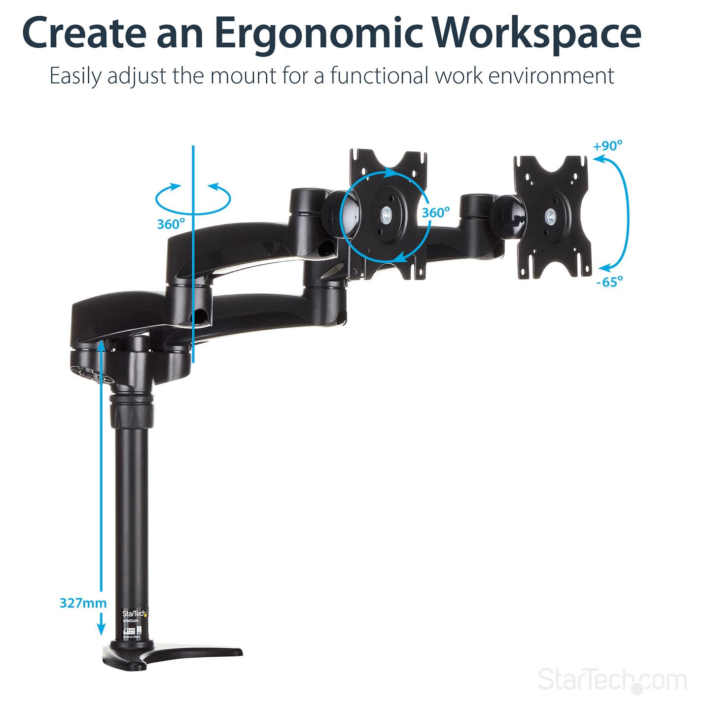 Mbajtëse për Monitor StarTech.com ARMDUAL / 2 Monitorë / 12"-24" / 13.6kg për Monitor / Full Motion / Clamp-Grommet / Tilt ±90° / Swivel ±90° - Zezë - 13