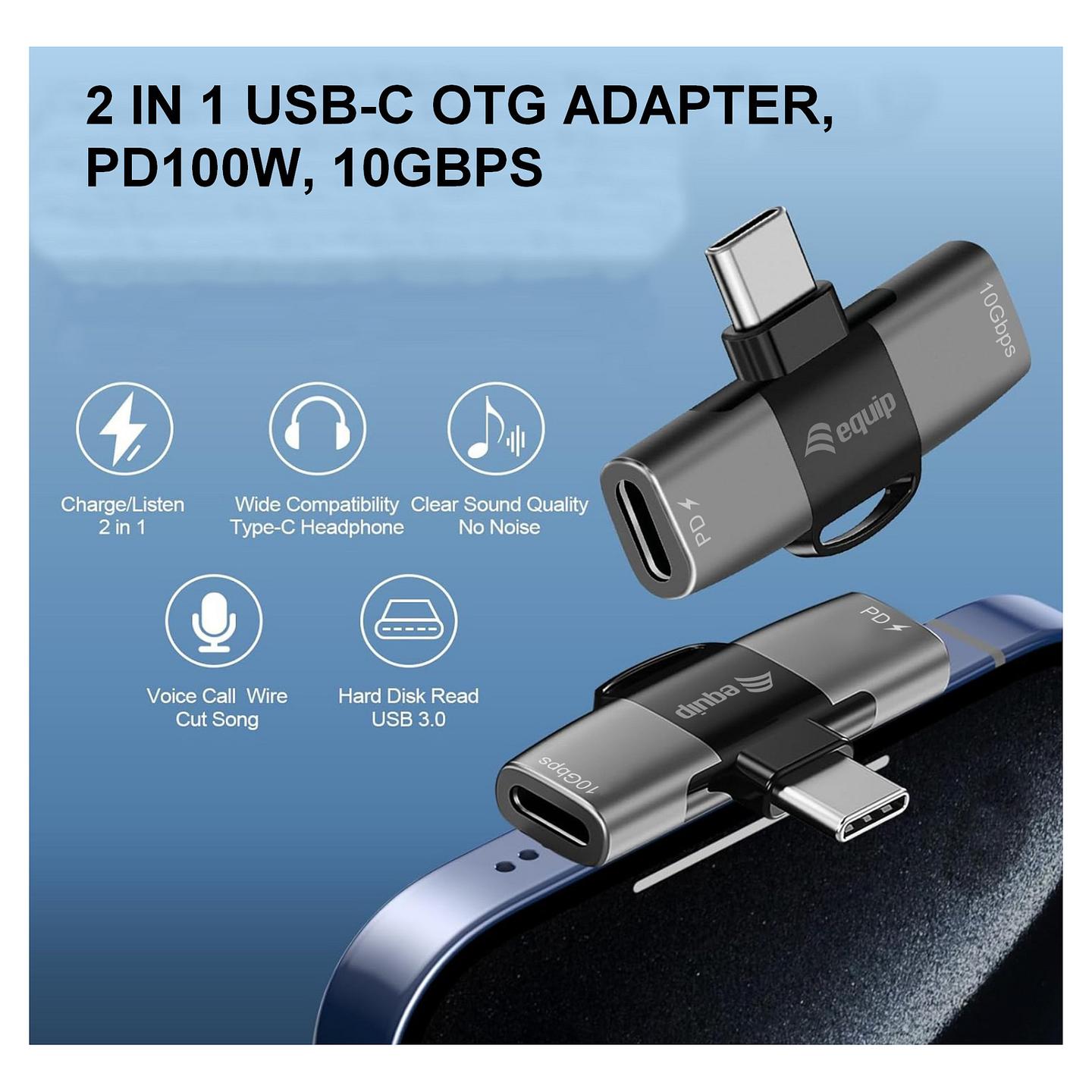 Adapter USB Equip 133479 , USB-C Mashkull në 2x USB-C Femër , USB 3.2 Gen 2 , 10Gbps , PD 100W , OTG - Gri - 10