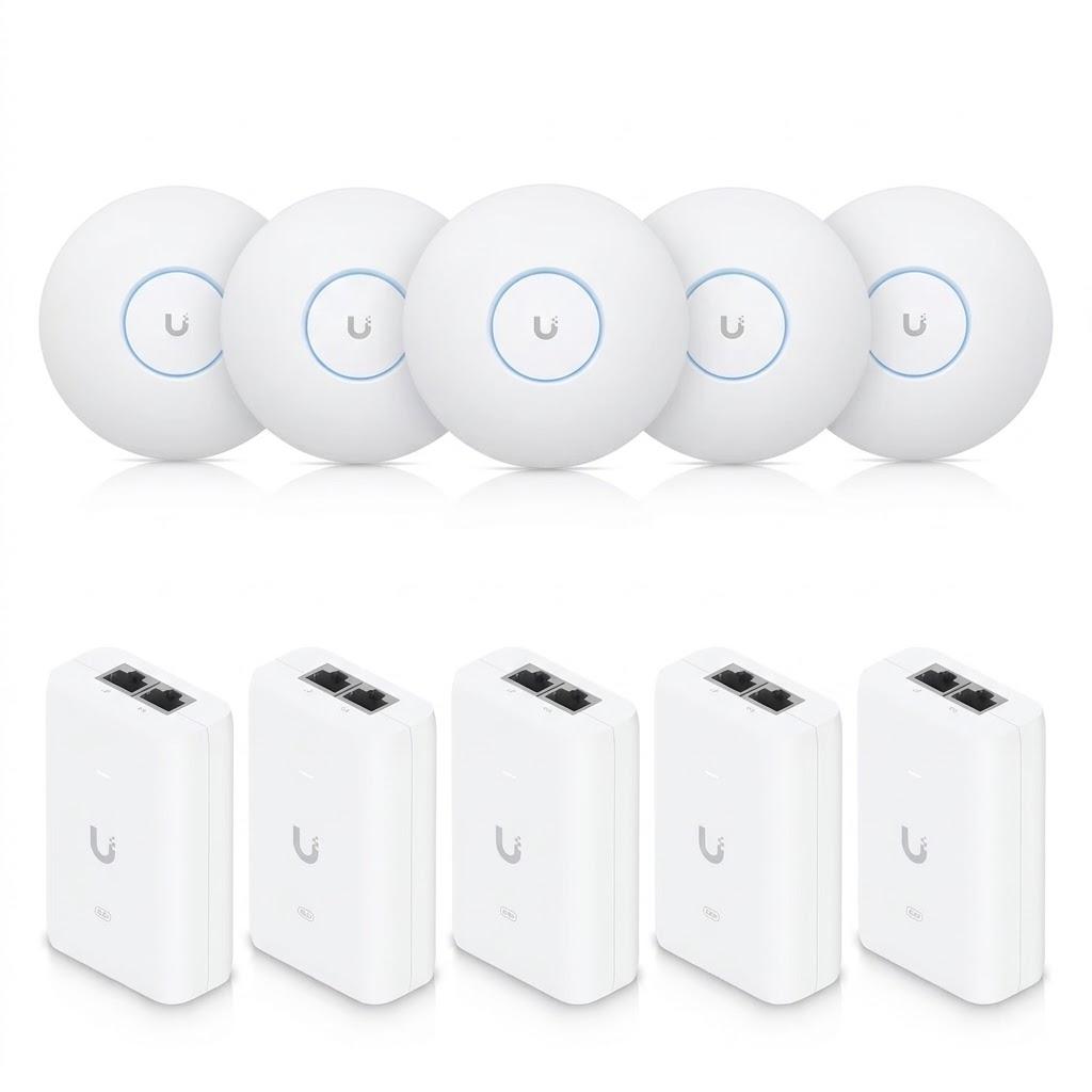 Bundle Ubiquiti UniFi U7 Pro Wi-Fi 7, 5× Access Point Tri-Band 2.4/5/6 GHz, 2.5GbE, 6 Spatial Streams + 5× Adapter PoE+ 30W U-PoE+ – E Bardhë