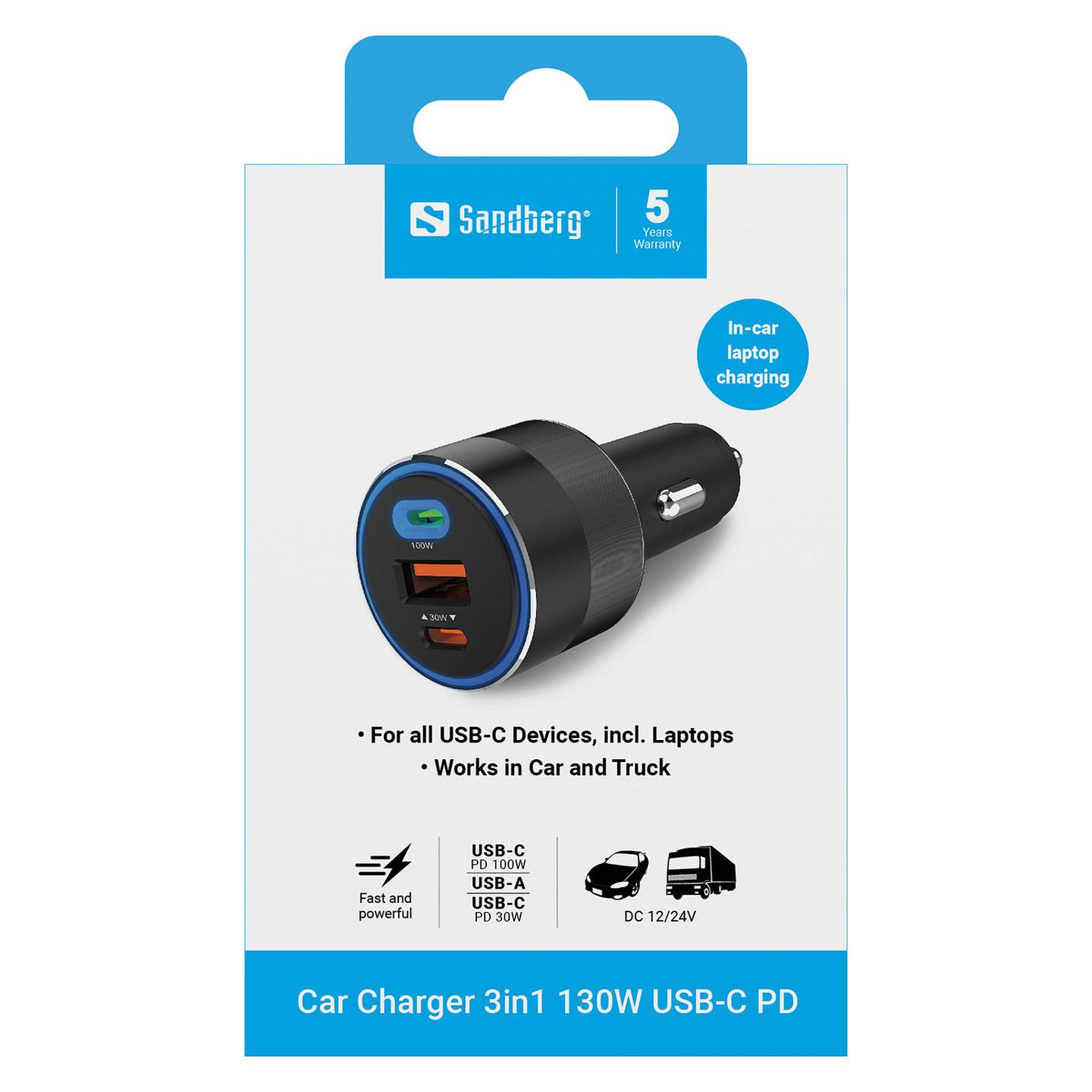 Adapter Telefoni për Veturë Sandberg 441-49 / 130W / 2x USB-C / USB-A / PD - Zezë - 5
