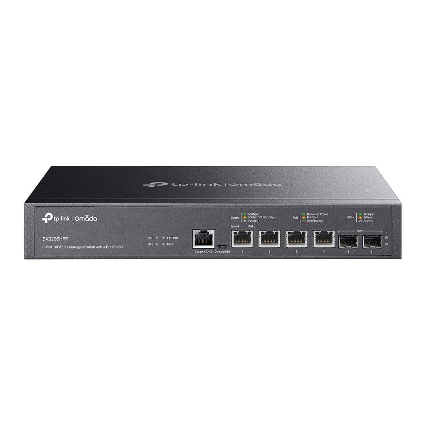 TP-Link JetStream TL-SX3206HPP 6-Port 10G L2+ Managed PoE++ Switch – 4× 10G RJ45 Multi-Gigabit PoE++ deri 60W, 2× 10G SFP+, 200W PoE Budget, 120Gbps, VLAN, Static Routing, Omada SDN, Rackmount – E Zezë