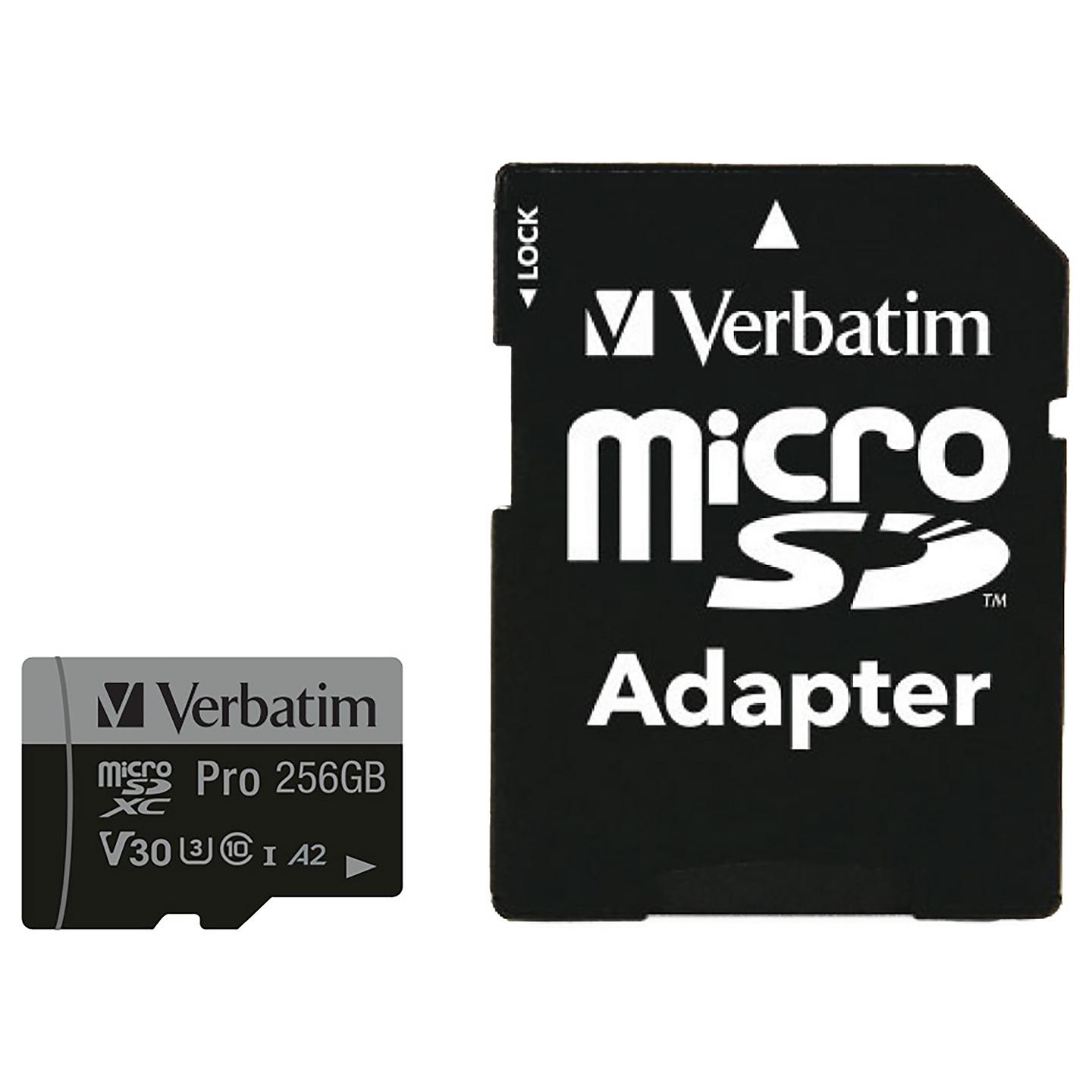 Kartë Memorie microSDXC Verbatim Pro, 256GB, Class 10, UHS-I, U3, V30, A2, me Adapter SD - Zezë - 2