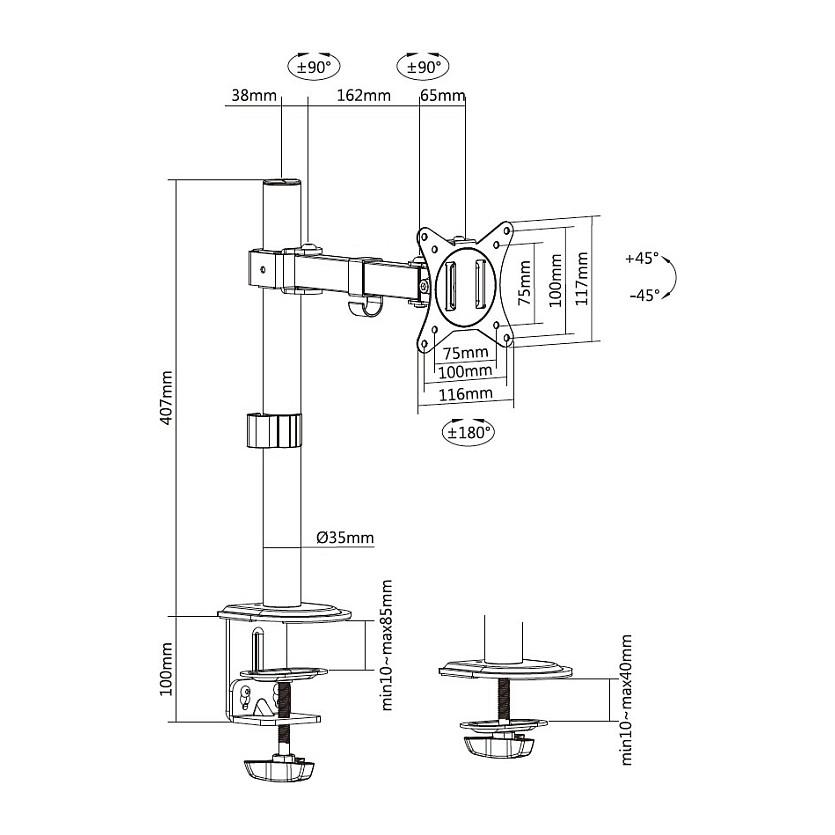 Mbajtëse për Monitor Equip 650166 / 1 Monitor / 17"-32" / 9kg / Full Motion / Clamp-Grommet / Tilt ±45° - Bardhë - 9