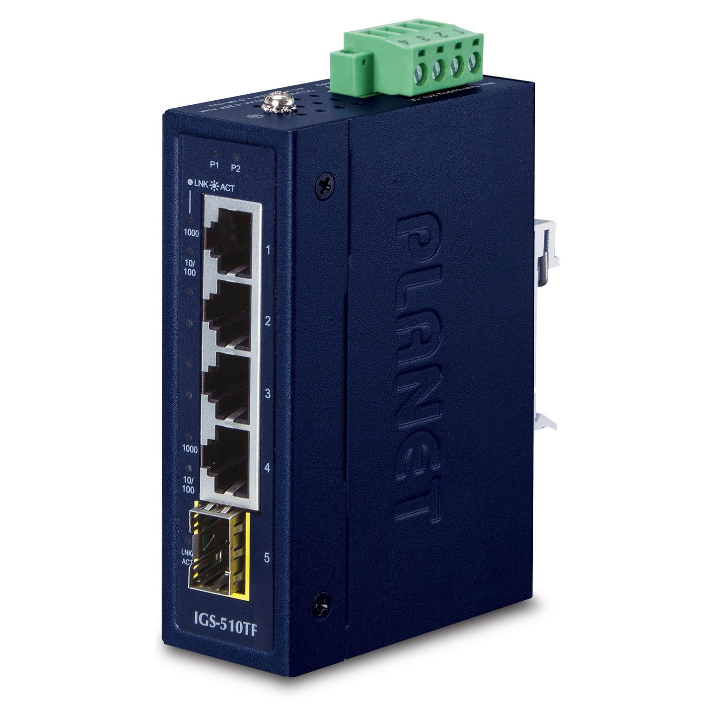 Switch Industrial PLANET IGS-510TF, 4x Gigabit Ethernet RJ45, 1x SFP Gigabit, 10Gbps, IP30, DIN-Rail - Blu