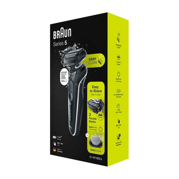 Makinë e rrojës për meshkuj Braun Series 5 51-W1600s / 3 Tehe Fleksibël / AutoSense / Wet & Dry / 50 Min / BodyGroomer – Zezë - 7