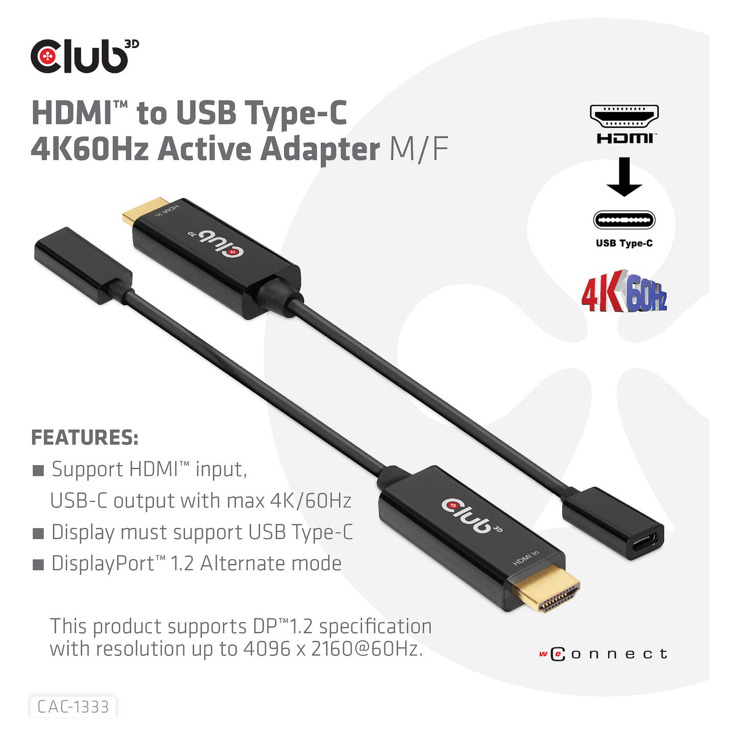 Adapter HDMI në USB-C CLUB3D CAC-1333 / HDMI në USB-C / 0.22m / HDMI 2.0 / 4K 60Hz / Aktiv - Zezë - 3