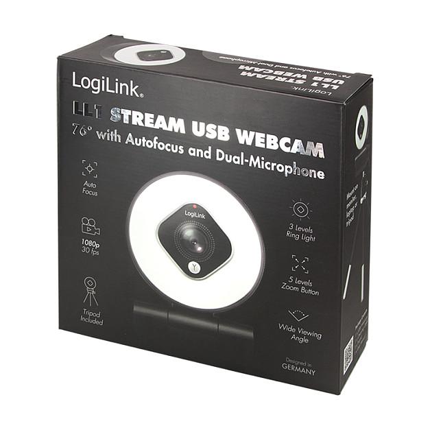 Webcam LogiLink UA0384 / Full HD 1080p / 76° / Autofokus / 5× Zoom Digjital / 2 Mikrofona / Ringlicht / Stativ - Zezë - 9