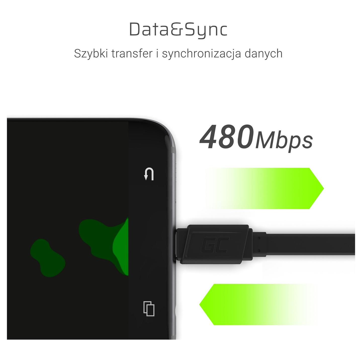 Kabllo USB Green Cell KABGC03 / USB-A në USB-C / USB 2.0 / 25cm / 480 Mbit/s - Zezë - 5