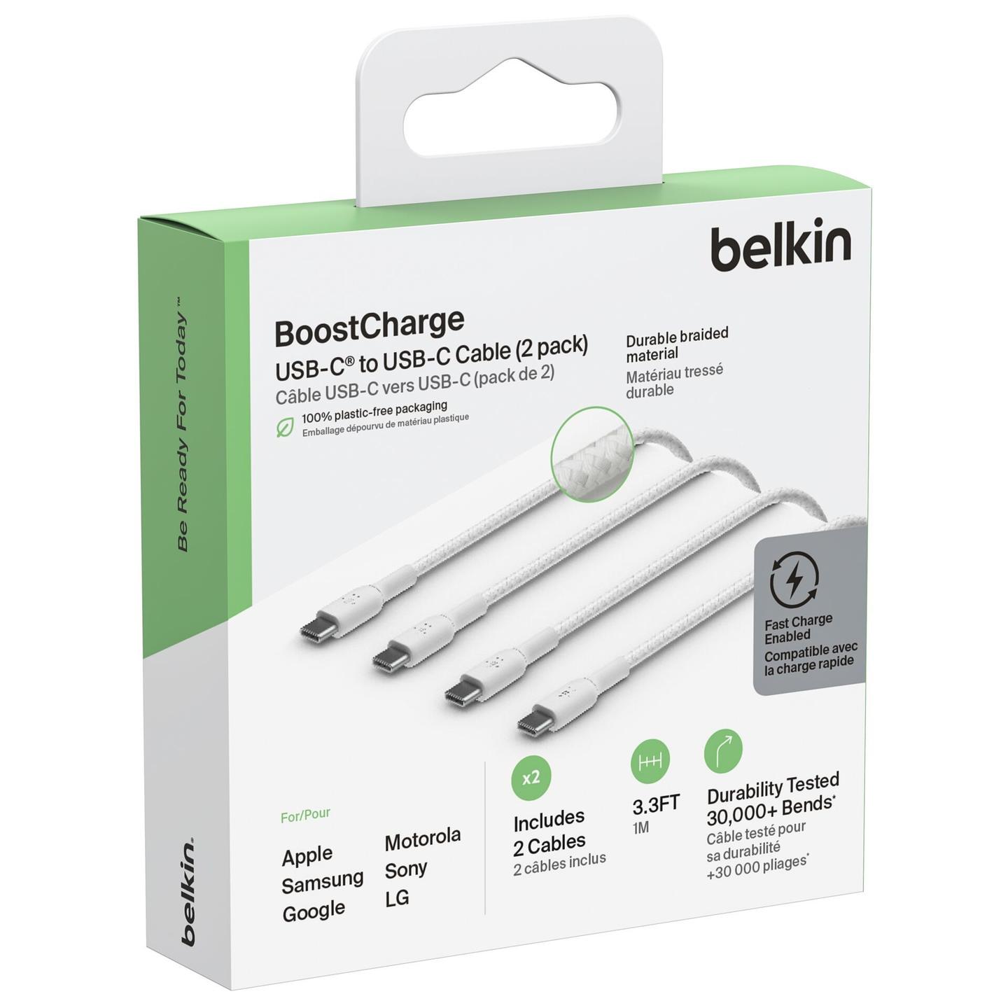 Kabllo USB Belkin CAB004BT1MWH2PK, USB-C në USB-C, 1m, USB 2.0, 60W, Paketim me 2 Copë – Bardhë - 2