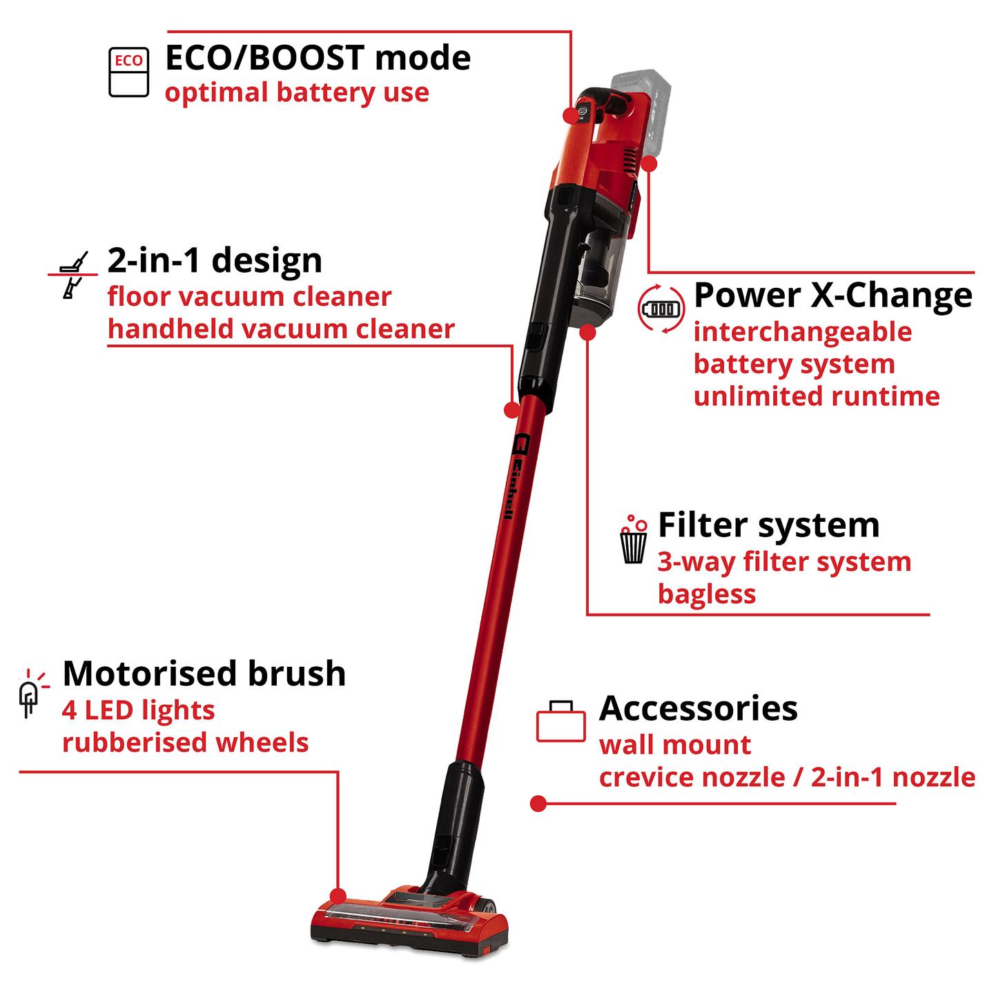 Fshesë me Bateri Einhell TE-SV 18 Li-Solo, 18V, 0.6L, 1.5kg - Kuqe/Zezë - 21