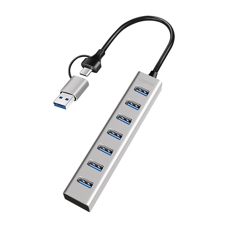 Hub USB-A LogiLink UA0441, 7x USB-A, USB 3.0, 5Gbps, kabllo 2-në-1, alumin - Argjend - 2