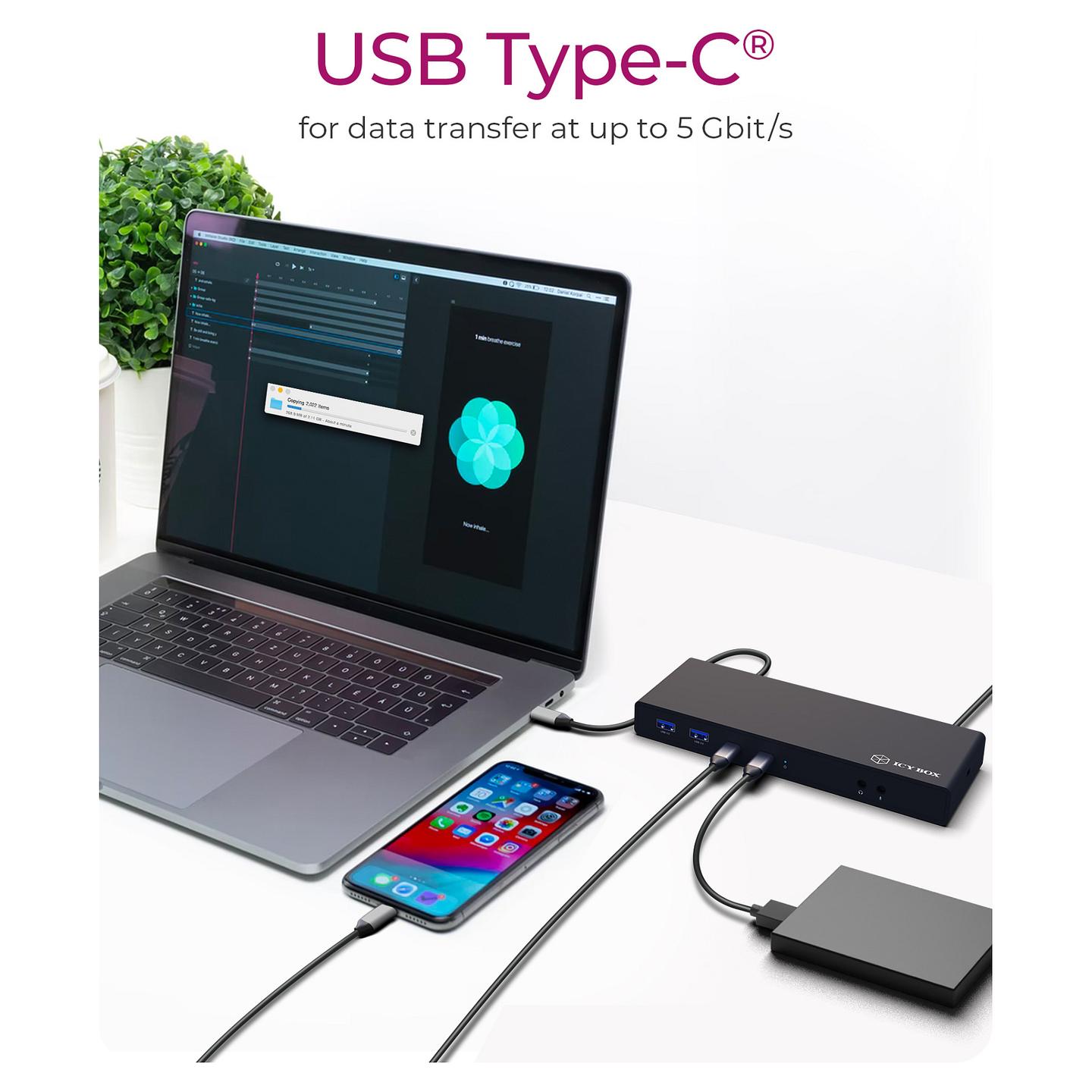 Docking Station ICY BOX IB-DK2245AC, 2à DisplayPort, 2à HDMI, 4à USB-A, 2à USB-C, Gigabit Ethernet, USB-C PD 65W - Zezë - 3