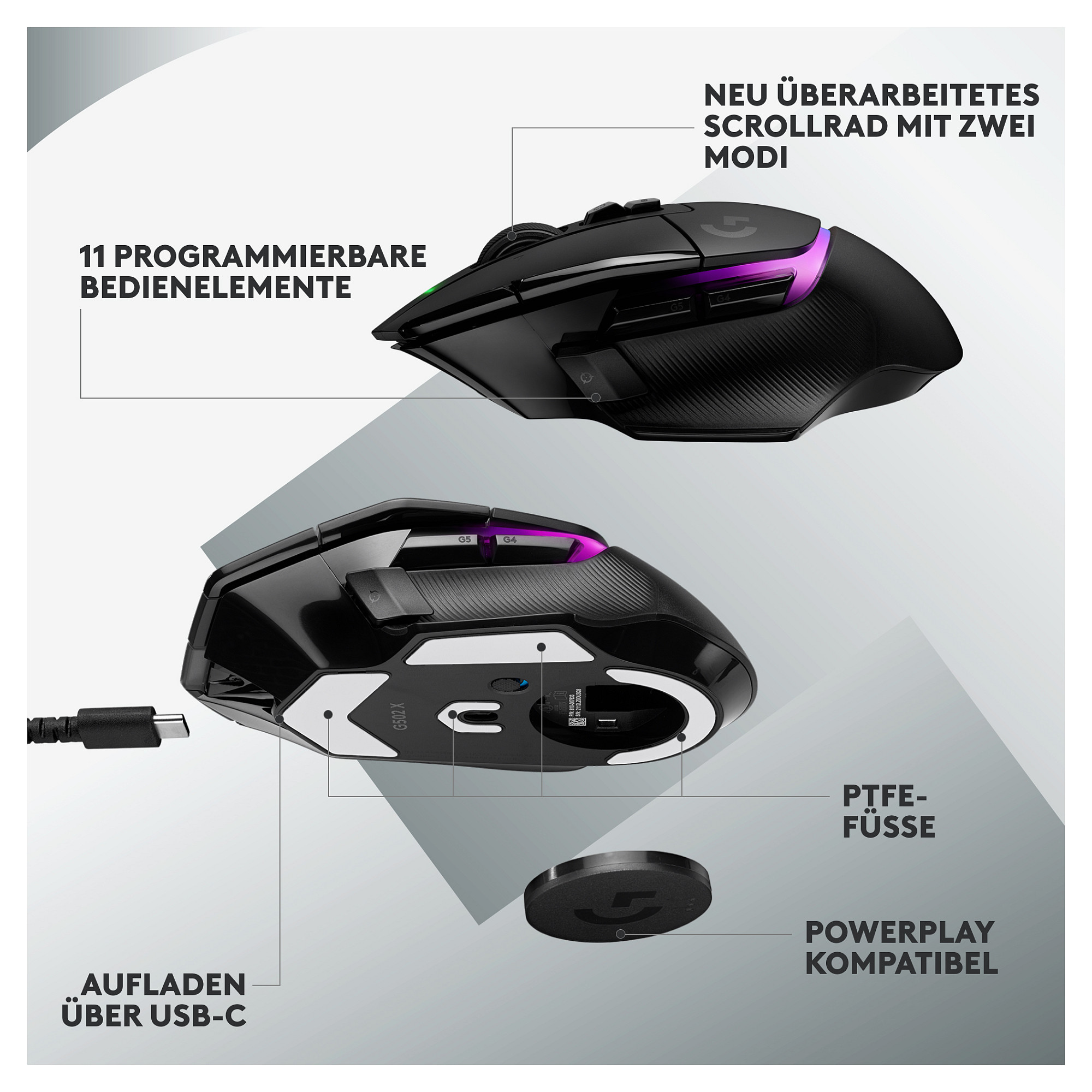 Maus Gaming Logitech G G502 X Plus / Wireless / HERO 25K / 25.600 DPI / 13 Butona / RGB - Zezë - 14