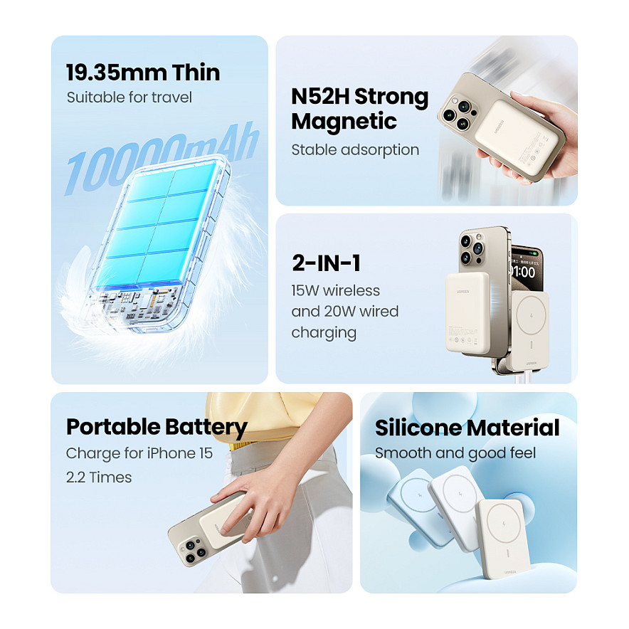 Powerbank Magnetik / 10000mAh / MagSafe / Wireless 15W / USB-C – Krem - 8