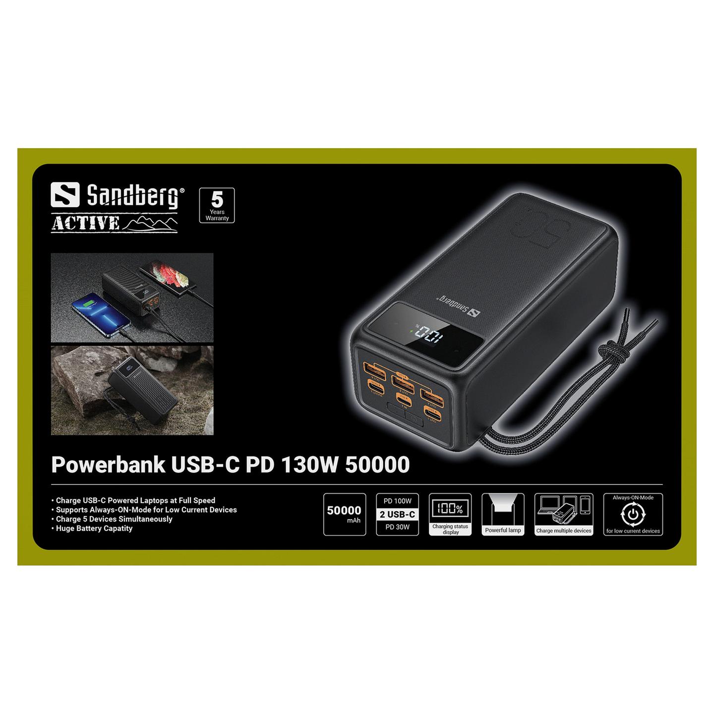 Powerbank Sandberg USB-C PD 130W 50000 / 50.000mAh / 130W / 2x USB-C + 3x USB-A / PD - Zezë - 10