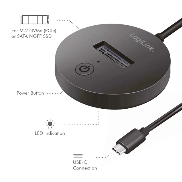 Docking Station për SSD M.2 / USB-C 3.2 Gen 2 / NVMe PCIe & SATA NGFF / M-Key & B+M-Key / 10Gbps – Zezë - 3