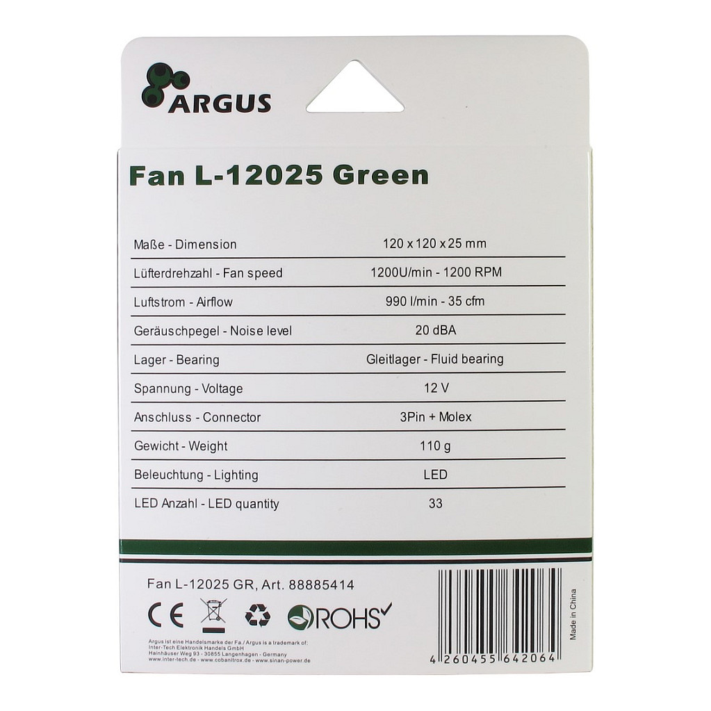 Ftohës për Kasë Inter-Tech Argus L-12025 GR / 120mm / 25mm / 1200 RPM / 33 LED / 3-Pin / Molex 4-Pin – Gjelbër - 5