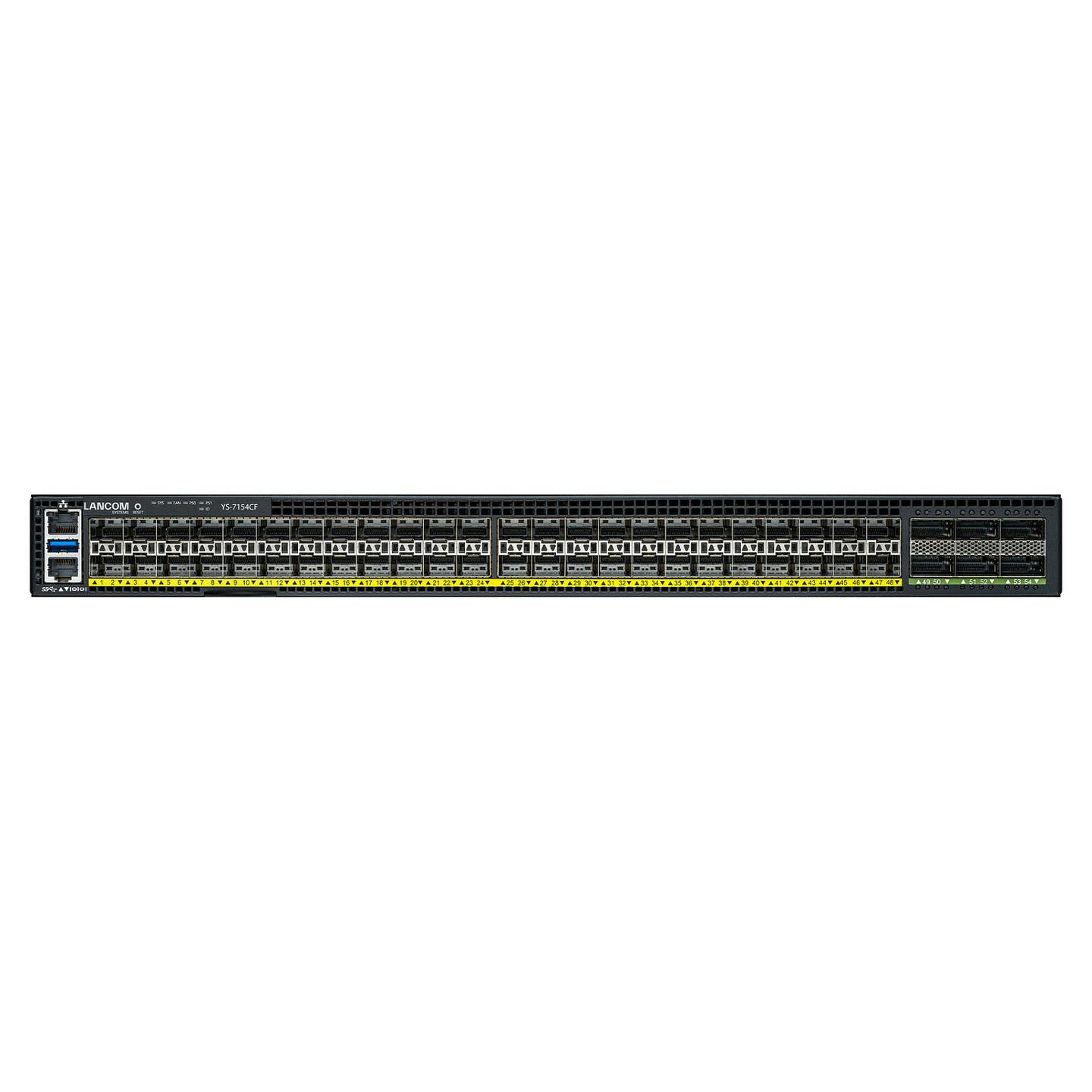 Switch LANCOM YS-7154CF-B2F, 48x SFP28 1/10/25GbE, 6x QSFP28 40/100GbE, Switching Capacity 2Tbps, Layer 3 Managed, Stackable, Redundant PSU, Rackmount 1U - Zezë