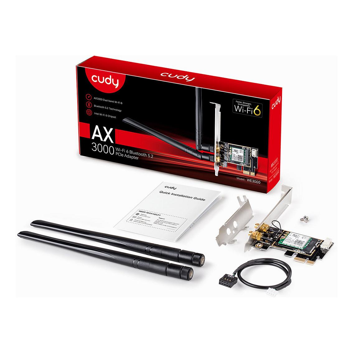 Karta të Rrjetit Cudy WE3000 / PCI Express x1 / Wi-Fi 6 Dual Band 2.4GHz + 5GHz / 2402 + 574Mbps / Bluetooth 5.2 / Intel AX200 / 2x Antenë e jashtme - Zezë - 6