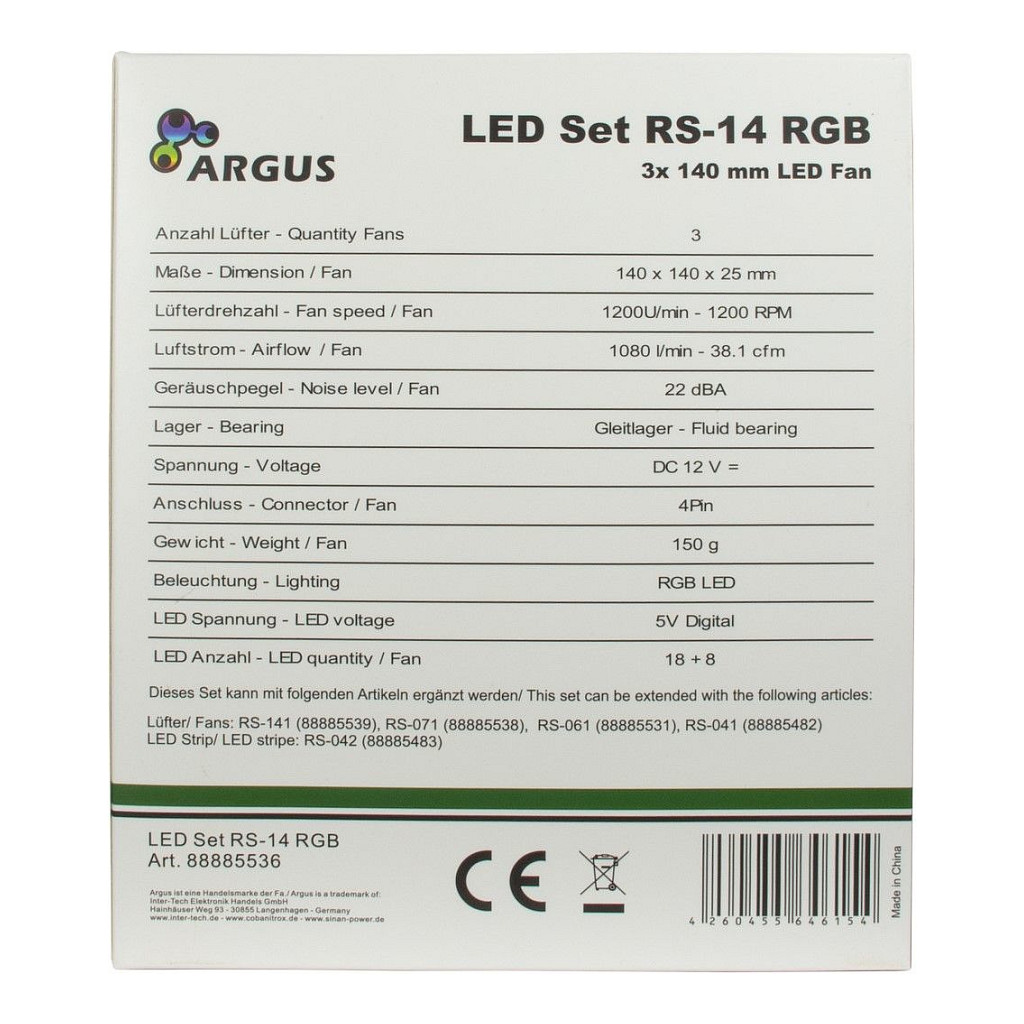 Ftohës për Kasë Inter-Tech Argus RGB-FAN Set RS-14 / 140mm / 25mm / 1200 RPM / PWM / RGB / 26 LED / 3-Pack / Controller – Zezë - 8