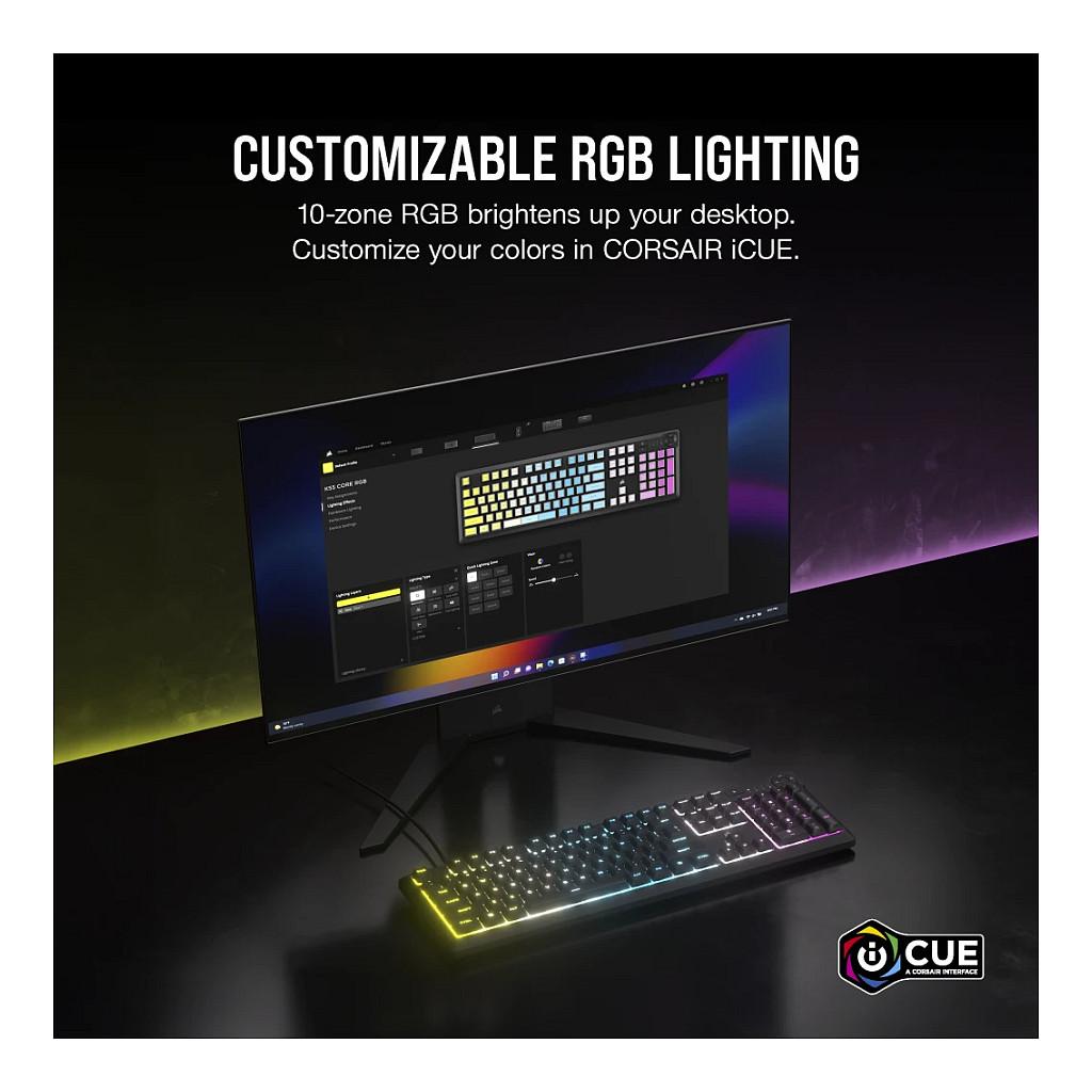 Tastierë Gaming Corsair K55 Core RGB / QWERTZ (DE) / Membrane / 110 Taste / 10-Zone RGB / 1000 Hz / 12-Key Rollover / 6 Makro / USB-A – Zezë - 3