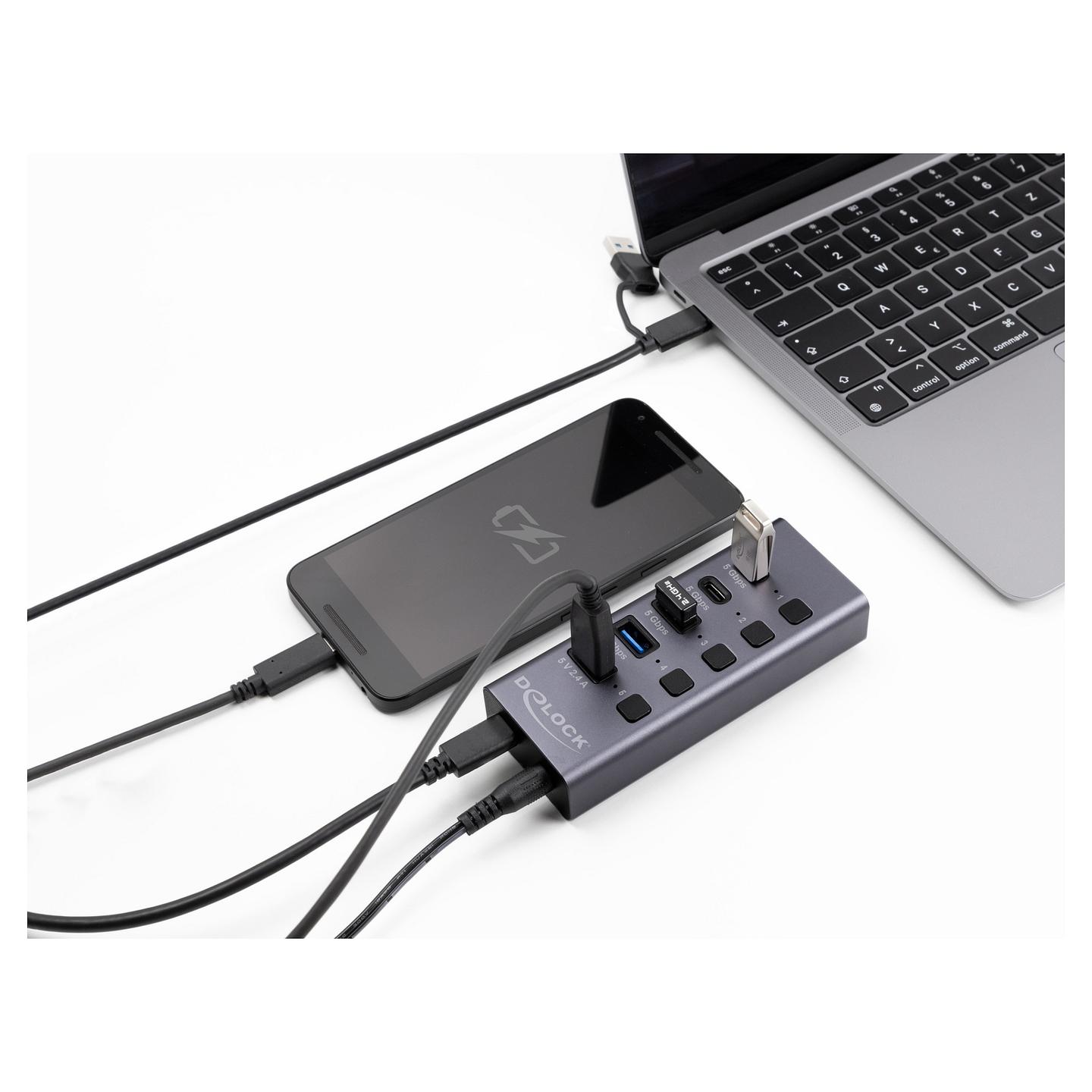 Hub USB DeLOCK 64248, 2x USB-A, 2x USB-C, USB 5 Gbps, Portë Karikimi USB-A 2.4A, 5 Ndërprerës, Kuti Metalike – Gri - 3