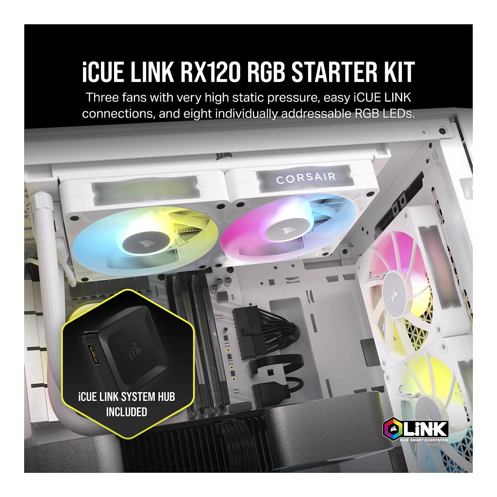 Ftohës për Kasë Corsair iCUE LINK RX120 RGB / 120mm / 400-2100 RPM / RGB / PWM / 3-Pack – Bardhë - 2