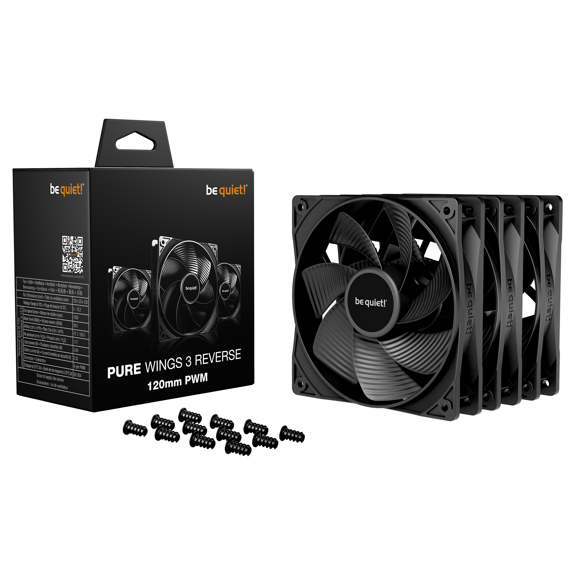 Ftohës për Kasë be quiet! Pure Wings 3 Reverse / 120mm / 1500 RPM / PWM / 3-Pack – Zezë - 3