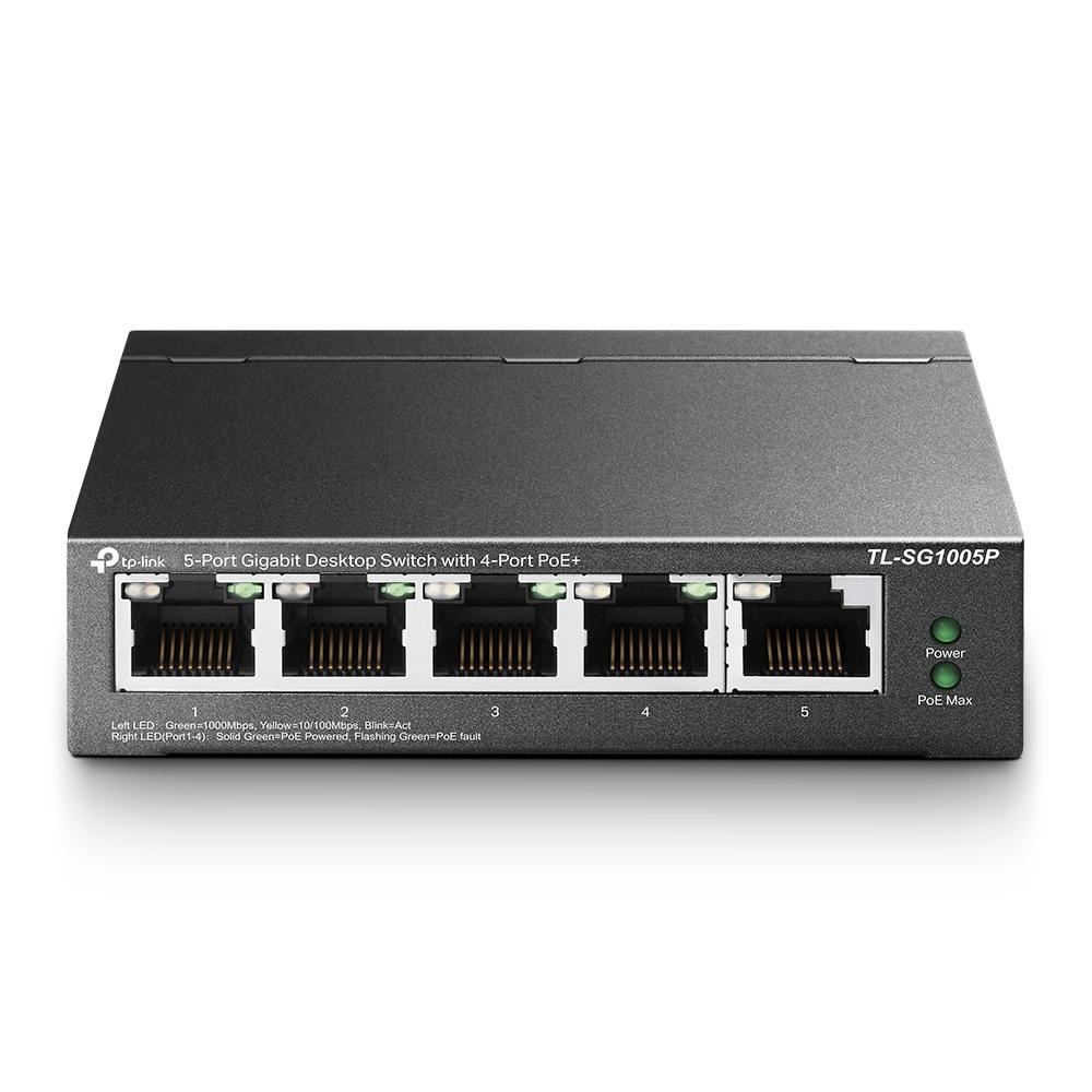 TP-Link TL-SG1005P 5-Port Gigabit PoE+ Switch – 5× RJ45 10/100/1000Mbps, 4× PoE+ 802.3af/at, 30W/Portë, 65W PoE Budget, 10Gbps – E Zezë