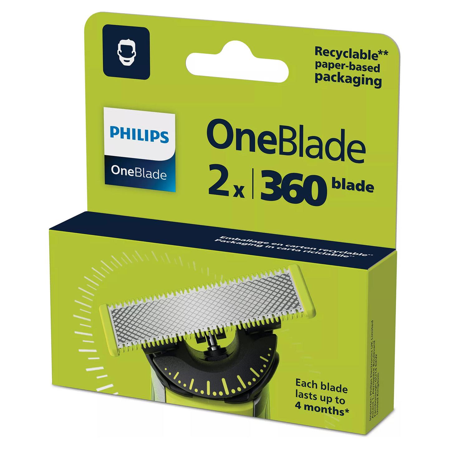 Teh zëvendësues për makinë rroje Philips OneBlade 360 QP420/50 / 360 Blade / Anti-Friction / Dual Protection / Contour-Following / 2 Copë - Zezë/Argjend/Gjelbër - 2