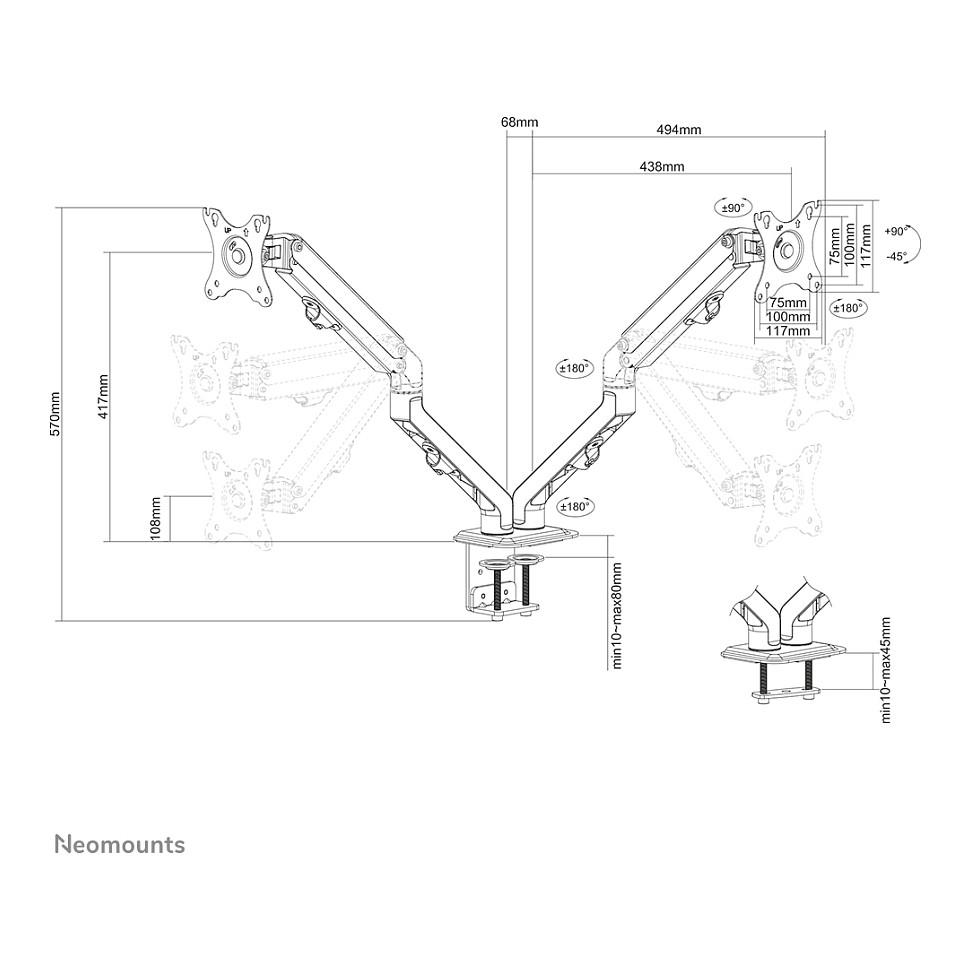 Mbajtëse për Monitor Neomounts FPMA-D650DBLACK / 2 Monitorë / 17"-27" / 7kg për Monitor / Coil Spring / Clamp-Grommet / Tilt +90° deri -45° / Swivel 180° / Rotacion 360° - Zezë - 19